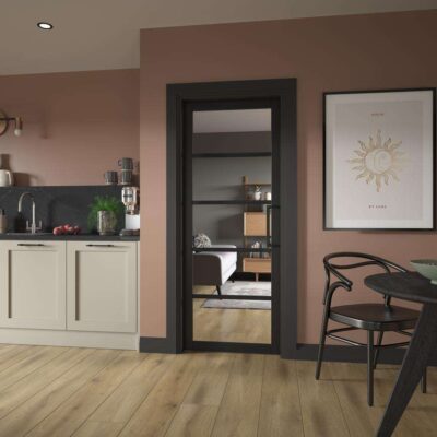 Howdens Lennox Black clear glazed internal door fitted in a home