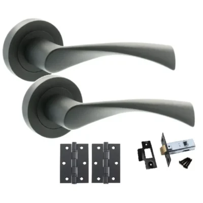 Astrid matte black lever handle pack with two curved handles, matching hinges, latch, strike plate, and fixings