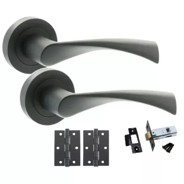 Astrid matte black lever handle pack with two curved handles, matching hinges, latch, strike plate, and fixings