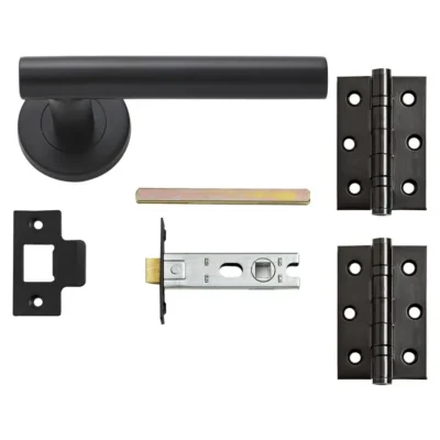 Matt black Cesano lever handle pack with matching hinges, latch, strike plate, and spindle for internal doors