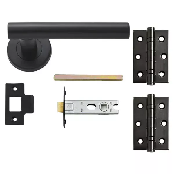 Matt black Cesano lever handle pack with matching hinges, latch, strike plate, and spindle for internal doors