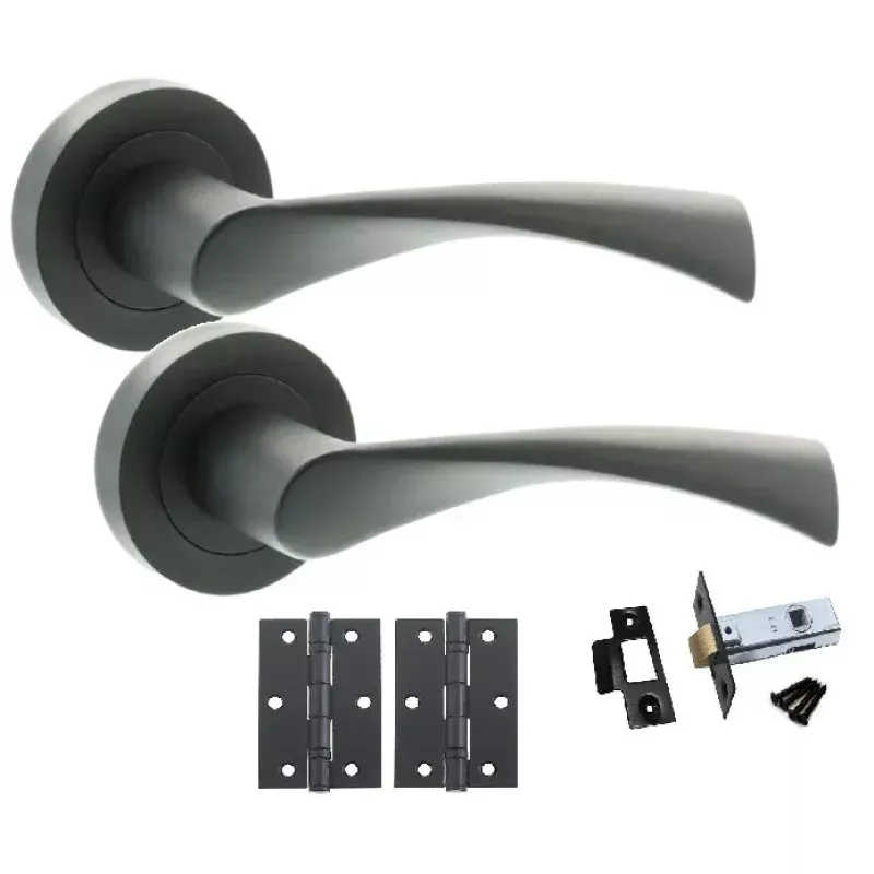 Astrid matte black lever handle pack with two curved handles, matching hinges, latch, strike plate, and fixings