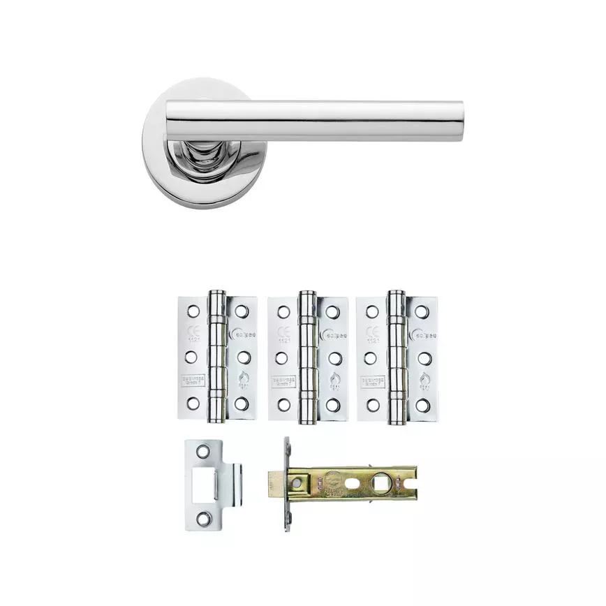 Cesano polished chrome door handle pack with lever handle, latch, strike plate, and three CE-marked chrome hinges