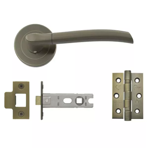 Antique brass lever door handle set including latch, striker plate, hinges, and screws